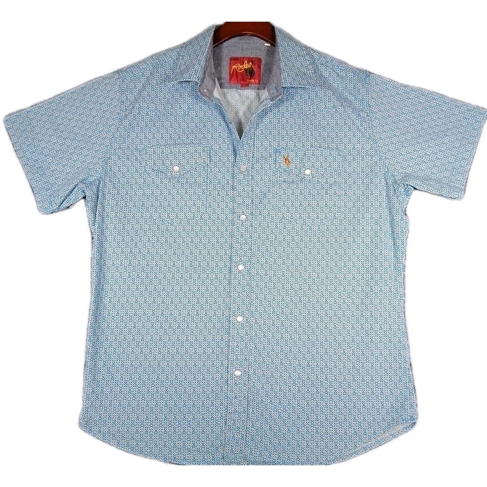 Rodeo Clothing Shirt Men's L Pearl Snap Short Sleeve Blue Geometric Western